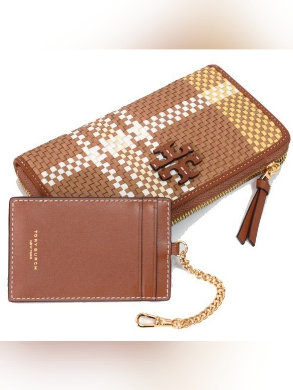 Tory Burch Woven Plaid Zip Around Wallet & Card Case Brown Multi Leather Gold To - Picture 3 of 6